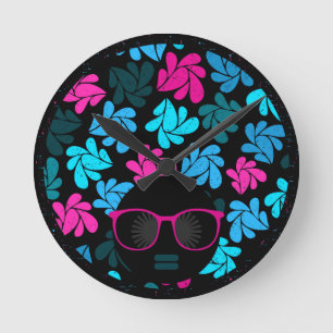 Reloj Redondo Mediano Diva Afro Turquesa y Rosa Caliente