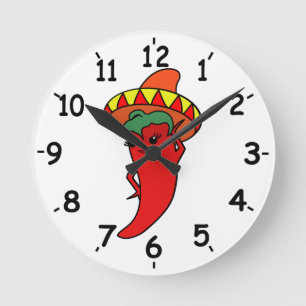 Reloj Redondo Mediano Diva Kawaii Pimienta Roja Caliente Sombrero Mexica