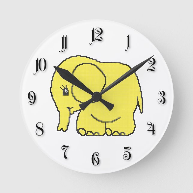 Reloj Redondo Mediano Divertido elefante amarillo de costura cruzada (Anverso)