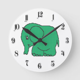Reloj Redondo Mediano Divertido elefante verde de punto cruzado