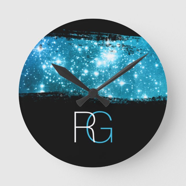 Reloj Redondo Mediano Diy Monograma Blanco y Azul, Stardust Bruske Strok (Anverso)