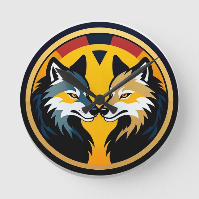 Reloj Redondo Mediano Doble emblema de lobo con círculo dorado (Anverso)