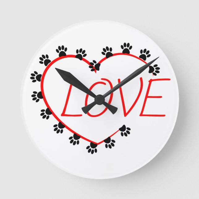 Reloj Redondo Mediano Dog Paws Red Heart Love (Anverso)