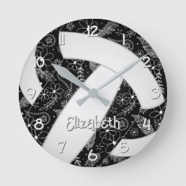 Reloj Redondo Mediano doodle boho voleibol blanco negro floral