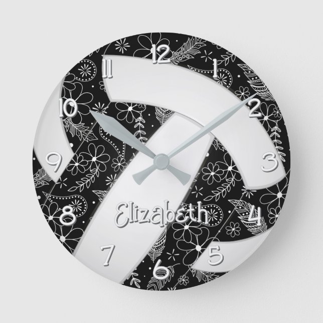 Reloj Redondo Mediano doodle boho voleibol blanco negro floral (Anverso)