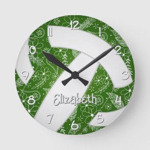 Reloj Redondo Mediano doodle boho voleibol blanco verde floral