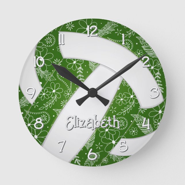Reloj Redondo Mediano doodle boho voleibol blanco verde floral (Anverso)