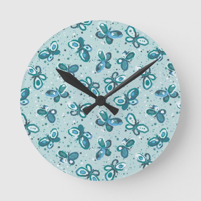 Reloj Redondo Mediano Doodle Bugs Mariposas - turquesa - patrón. (Anverso)