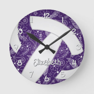 Reloj Redondo Mediano doodle plumas flores voleibol púrpura boho