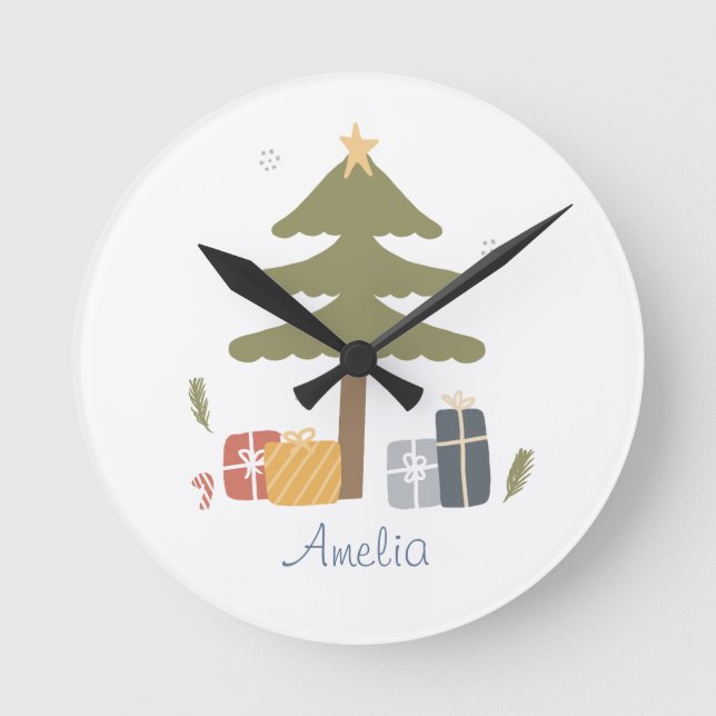Reloj Redondo Mediano Dormitorio de árbol de Navidad nórdico personaliza (Anverso)