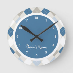 Reloj Redondo Mediano Dormitorio de niños de Argyle azul y gris