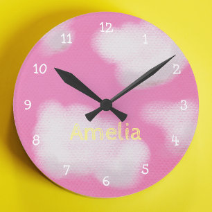 Reloj Redondo Mediano Dormitorio personalizado para niños con cielo rosa