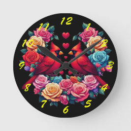 Reloj Redondo Mediano Dos cardenales con Rosas y corazones coloridos