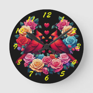 Reloj Redondo Mediano Dos cardenales con Rosas y corazones coloridos