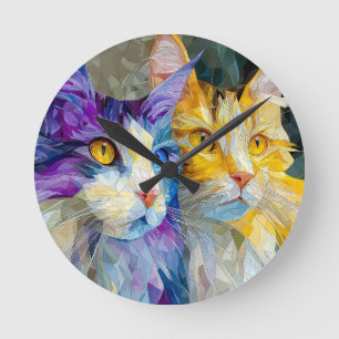 Reloj Redondo Mediano Dos gatos púrpura y amarillos