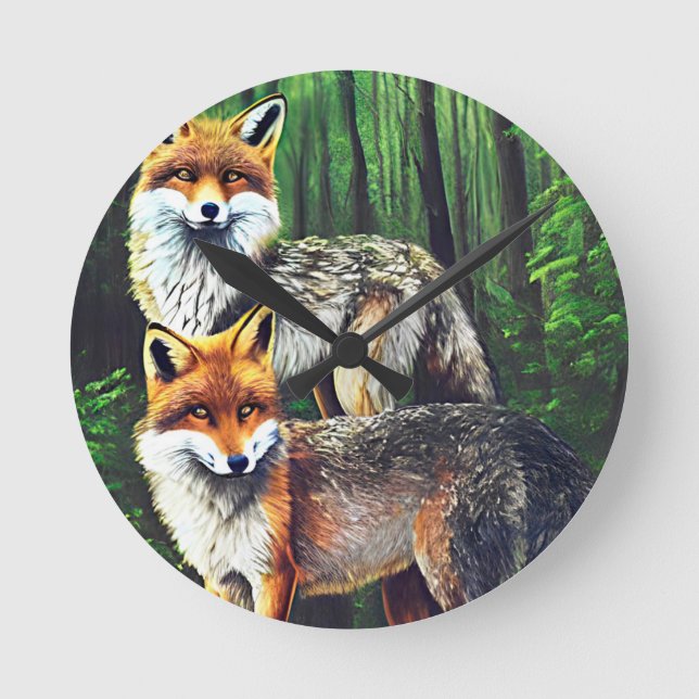 Reloj Redondo Mediano dos jóvenes Foxes animales naturaleza silvestre ar (Anverso)