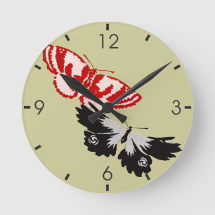 Reloj Redondo Mediano Dos Mariposas Vintage Arte Japonés