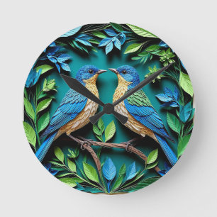 Reloj Redondo Mediano Dos pájaros azules y amarillos