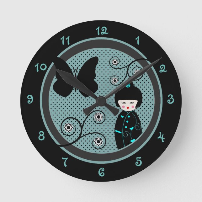Reloj Redondo Mediano Dot japonés de polka negro y azul (Anverso)