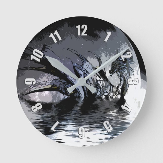 Reloj Redondo Mediano Dragón azul y Ilustracion lunar   (Anverso)