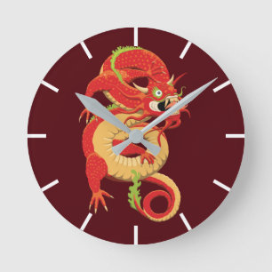 Reloj Redondo Mediano Dragón chino rojo
