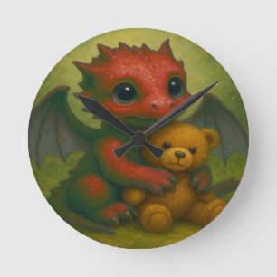 Reloj Redondo Mediano Dragón de bebé de orejas rojas curadas con oso de