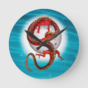 Reloj Redondo Mediano Dragón de Luna Roja Arte de Fantasía Celestial