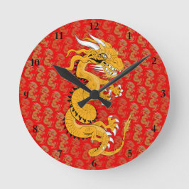 Reloj Redondo Mediano Dragón dorado en rojo