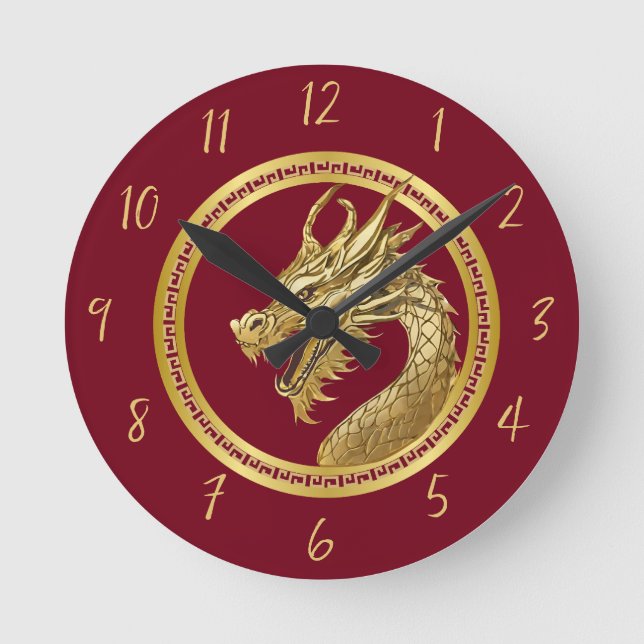 Reloj Redondo Mediano Dragón dorado rojo- (Anverso)