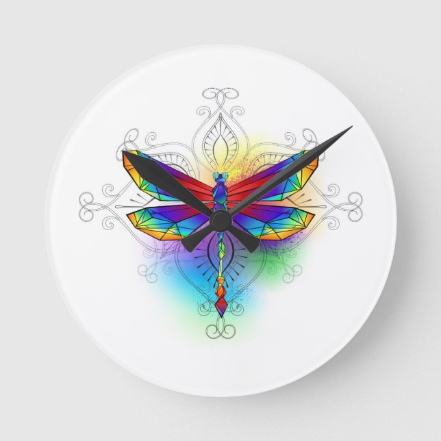 Reloj Redondo Mediano Dragón poligonal arcoiris (Anverso)