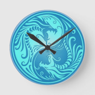 Reloj Redondo Mediano Dragones chinos azules de Yin-Yang