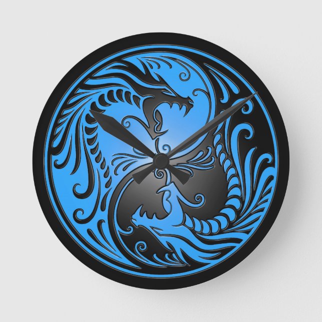 Reloj Redondo Mediano Dragones Yin Yang, azul y negro (Anverso)