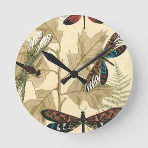 Reloj Redondo Mediano Dragonflies coloridas flotando sobre hojas