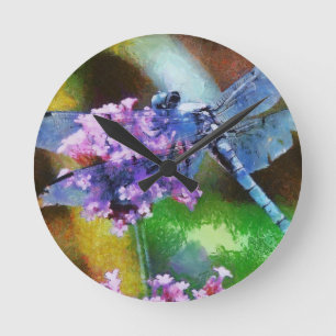 Reloj Redondo Mediano Dragonfly azul sobre el arte de los puntos de ajo 