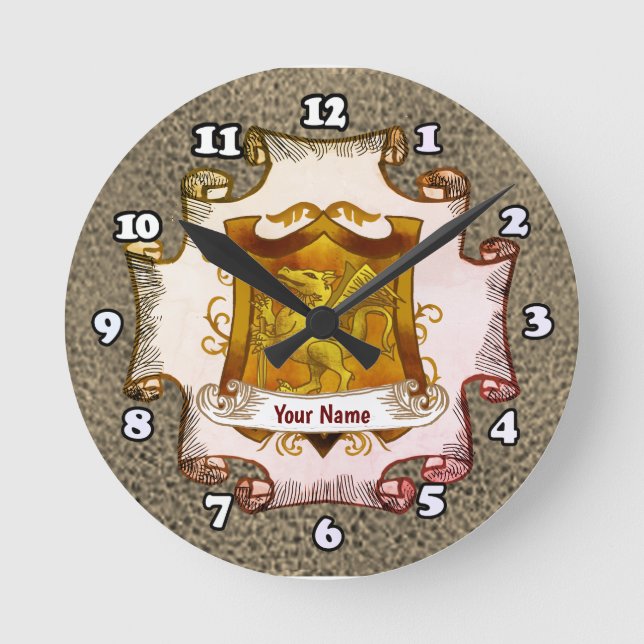 Reloj Redondo Mediano Dragons Shield Family Crest Surname (Anverso)