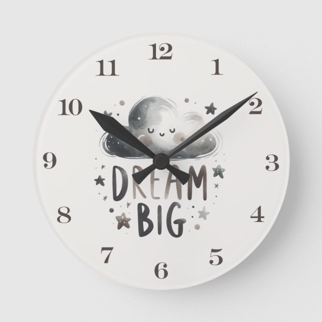 Reloj Redondo Mediano Dream Big Cloud and Stars Nursery Wall Clock (Anverso)