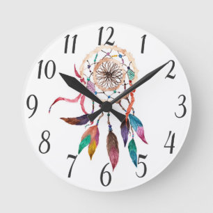 Reloj Redondo Mediano Dreamcatcher bohemio en vibrante pintura acuarela