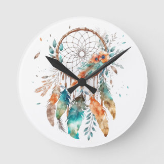 Reloj Redondo Mediano Dreamcatcher de color de agua de pluma verde azula