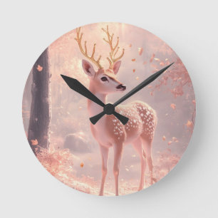 Reloj Redondo Mediano Dreamy Fawn en los bosques rosados de otoño