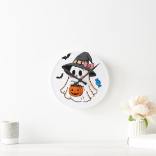 Reloj Redondo Mediano Dulce fantasma Kawaii de Halloween con sombrero de