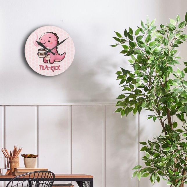 Reloj Redondo Mediano Dulce personalizable de té y  Dinosaurio Animal Pu (Sweet Tea-Rex Customizable Dinosaur Animal Pun Polka Dot Wall Clock )