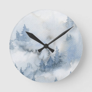Reloj Redondo Mediano Dusty Blue Watercolor Misty Resumen Bosque