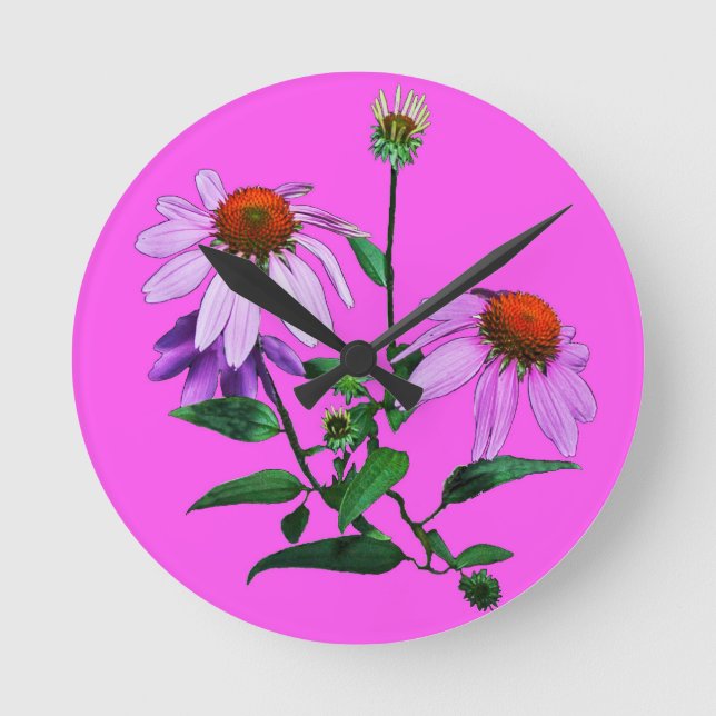 Reloj Redondo Mediano Echinacea sobre rosa (Anverso)