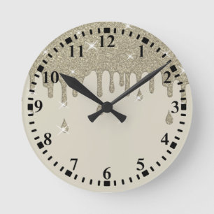 Reloj Redondo Mediano Efecto de Purpurina de goteo plateado y espárragos