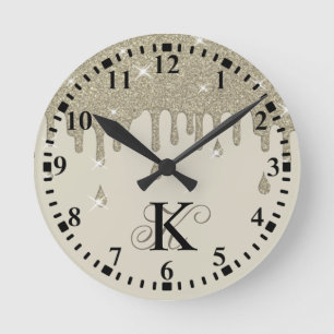 Reloj Redondo Mediano Efecto Purpurina de goteo plateado personalizado y