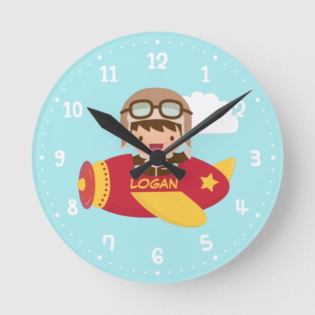 Reloj Redondo Mediano El aeroplano lindo del muchacho del aviador (Anverso)