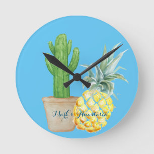 Reloj Redondo Mediano El amor moderno piña azul y cactus