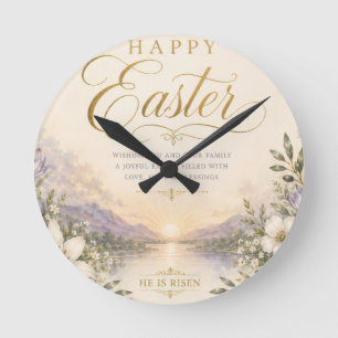Reloj Redondo Mediano Él ha resucitado Pascua, Cruz floral elegante cris