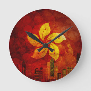 Reloj Redondo Mediano El horizonte HK de Hong Kong señala el fondo
