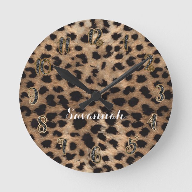 Reloj Redondo Mediano El leopardo Cheetah Tan Brown Personalizado Negro (Anverso)